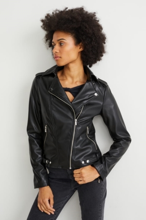 C&A Biker Faux Leren Jassen Zwart | BUL-015982