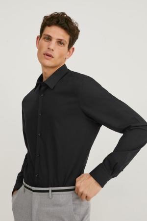 C&A Business Slim Fit Extra-long Sleeve s Easy-iron Overhemd Zwart | OYP-724105