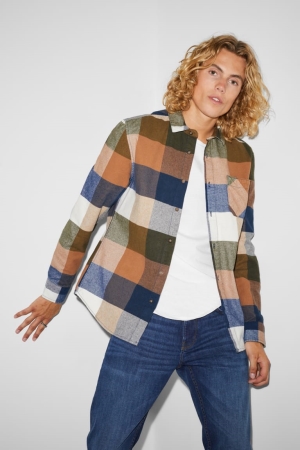 C&A Clockhouse Flannel Regular Fit Kent Collar Check Overhemd Bruin Blauw | DBG-186250