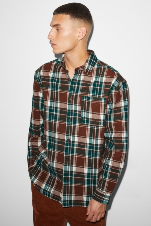 C&A Clockhouse Flannel Relaxed Fit Kent Collar Check Overhemd Bruin Donkergroen | EKF-507168