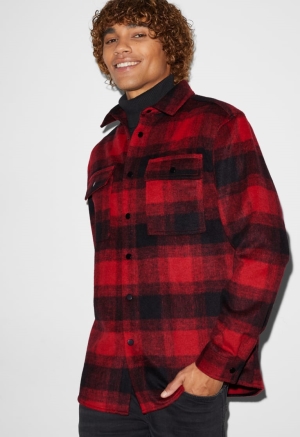 C&A Clockhouse Relaxed Fit Kent Collar Recycled Check Overhemd Rood Zwart | GHM-078925