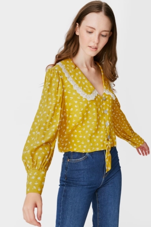 C&A Clockhouse With Knot Detail Floral Blouse Geel | TMD-907423