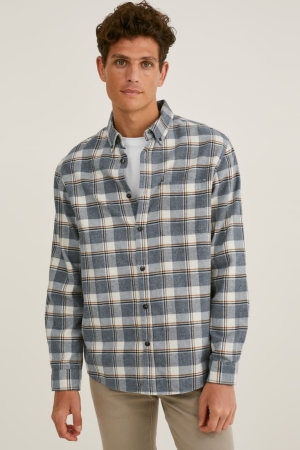 C&A Flannel Regular Fit Button-down Collar Check Overhemd Wit Grijs | PJI-689170