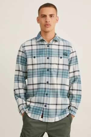 C&A Flannel Regular Fit Kent Collar Check Overhemd Groen Wit | AMQ-813079