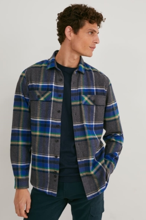 C&A Flannel Regular Fit Kent Collar Check Overhemd Grijs | FEL-391284