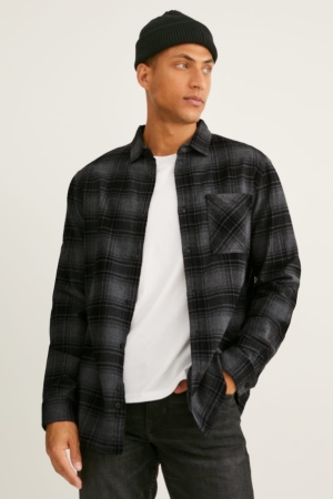 C&A Flannel Regular Fit Kent Collar Check Overhemd Donkergrijs | KLB-782103