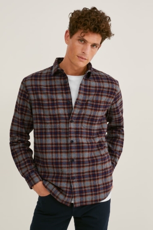 C&A Flannel Regular Fit Kent Collar Check Overhemd Grijs Donkerrood | VGN-264380