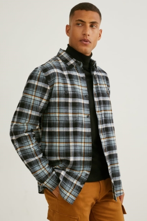 C&A Flannel Regular Fit Kent Collar Check Overhemd Donkergroen Grijs | WUI-496832