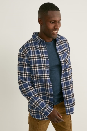 C&A Flannel Regular Fit Kent Collar Check Overhemd Donkerblauw Wit | WYP-805249