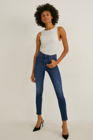 C&A Mager High Taille Lycra® Jeans Blauw | QSP-019352