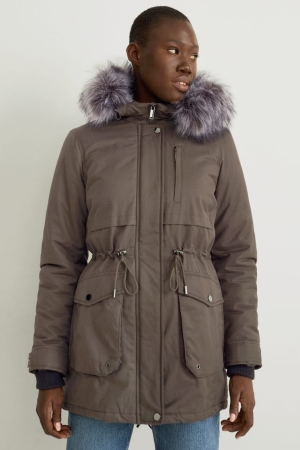 C&A Parka With Hood And Faux Fur Trim Winter Jassen Donkergroen | KPO-094857