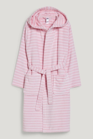 C&A Terry Bathrobe With Hood Organic Katoenen Gestreept Ondergoed Roze | PDH-804129