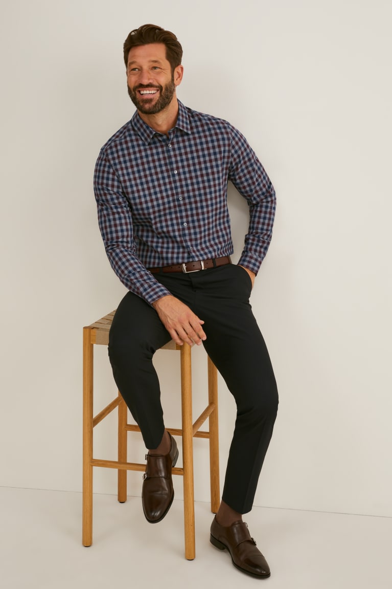 C&A Business Slim Fit Kent Collar Check Overhemd Grijs Donkerrood | WOQ-849120