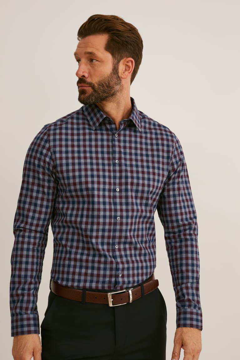 C&A Business Slim Fit Kent Collar Check Overhemd Grijs Donkerrood | WOQ-849120