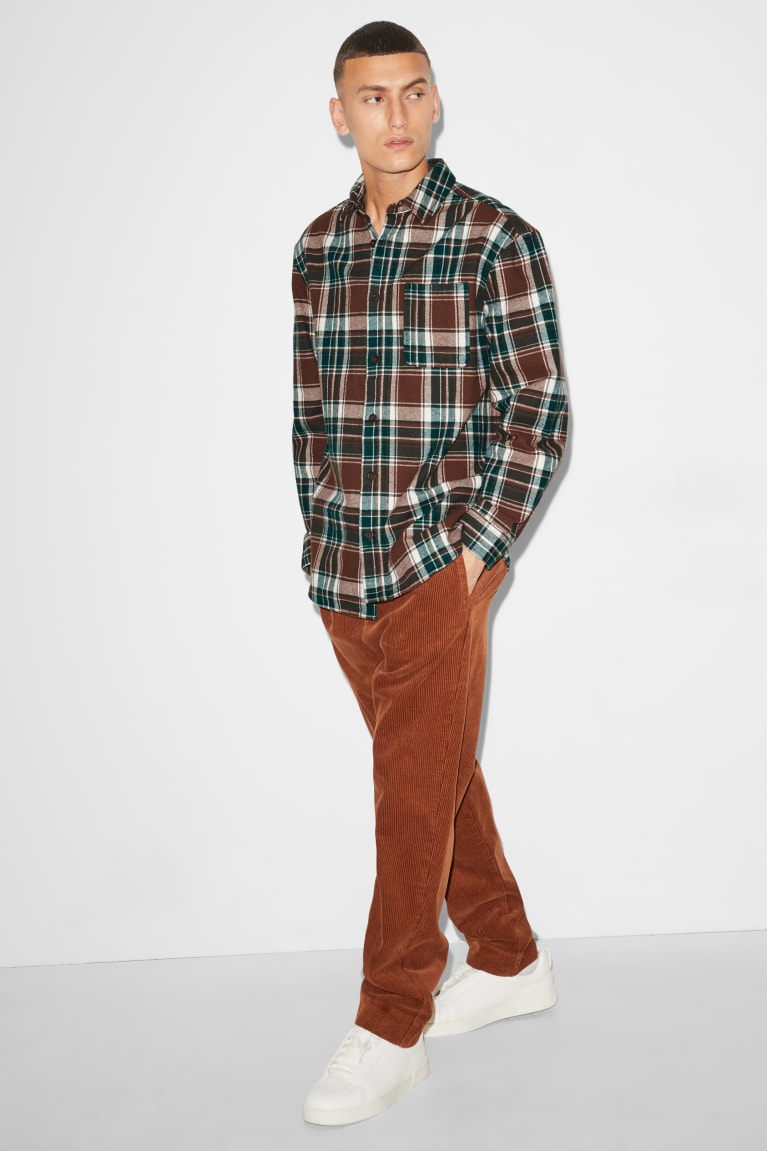 C&A Clockhouse Flannel Relaxed Fit Kent Collar Check Overhemd Bruin Donkergroen | EKF-507168