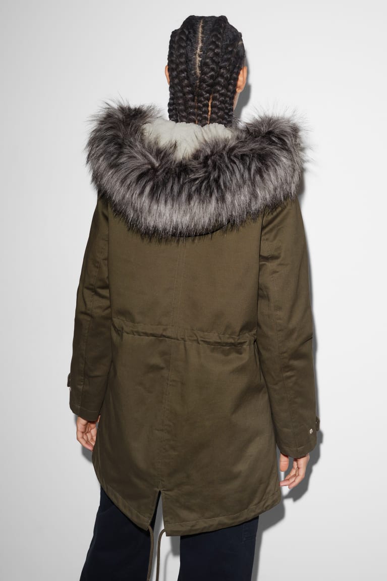 C&A Clockhouse Parka With Hood And Faux Fur Trim Winter Jassen Donkergroen | EBD-427859