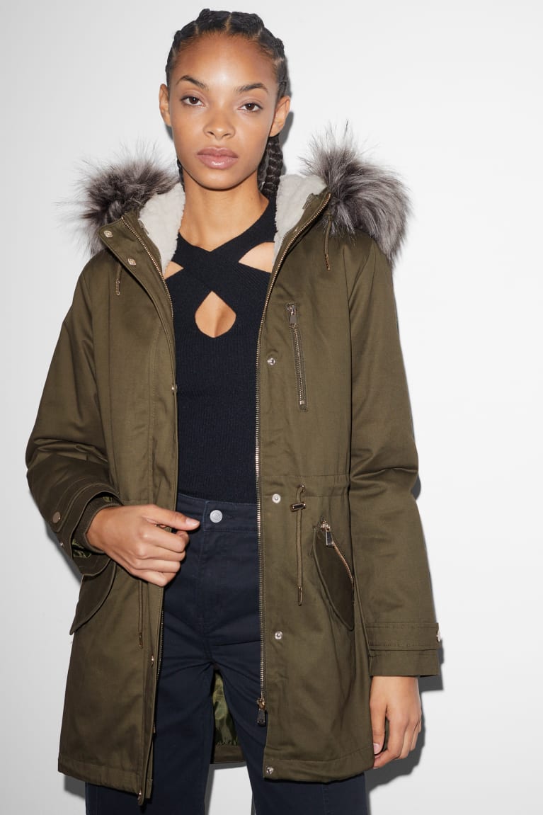 C&A Clockhouse Parka With Hood And Faux Fur Trim Winter Jassen Donkergroen | EBD-427859