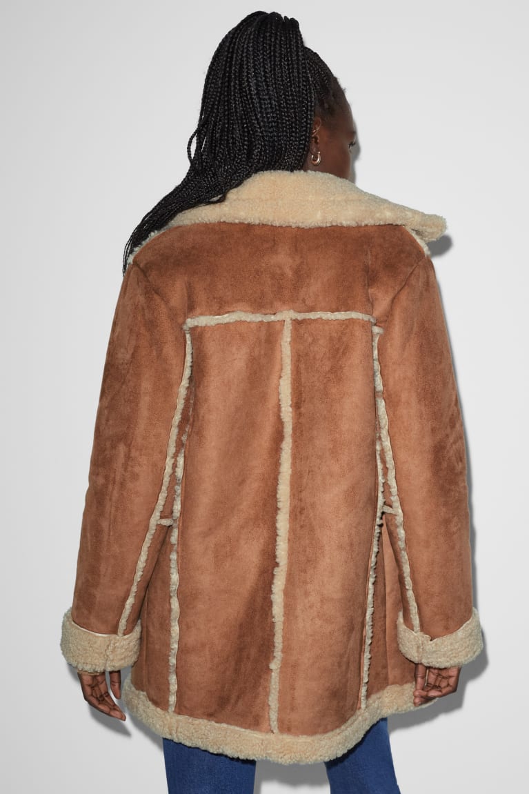 C&A Clockhouse Shearling Faux Suede Jassen Havanna | GQP-621973