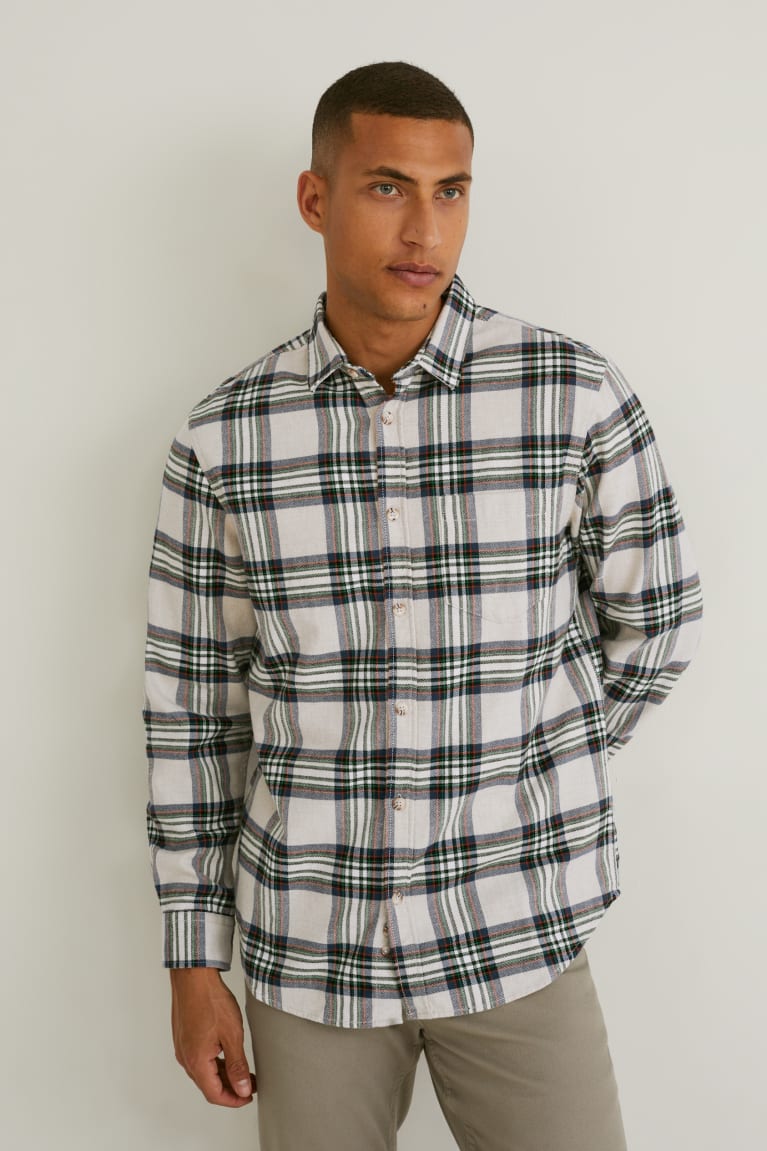 C&A Flannel Regular Fit Kent Collar Check Overhemd Bruin Wit | MKN-267518