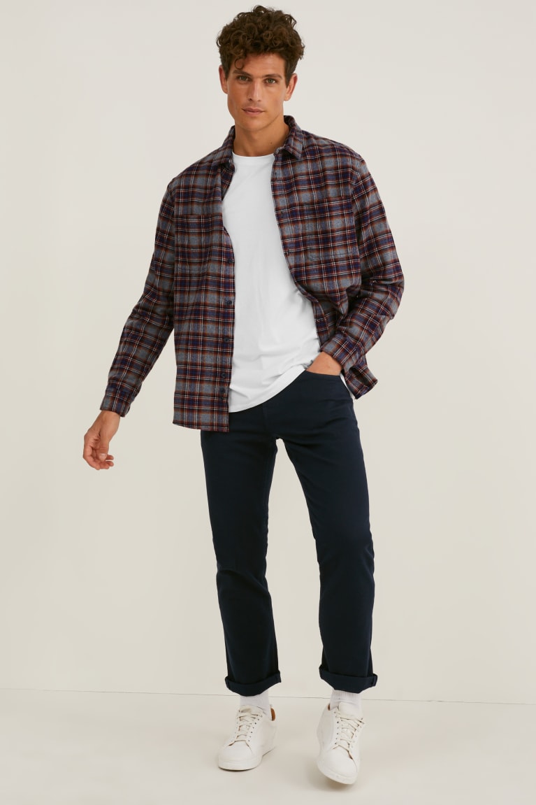 C&A Flannel Regular Fit Kent Collar Check Overhemd Grijs Donkerrood | VGN-264380