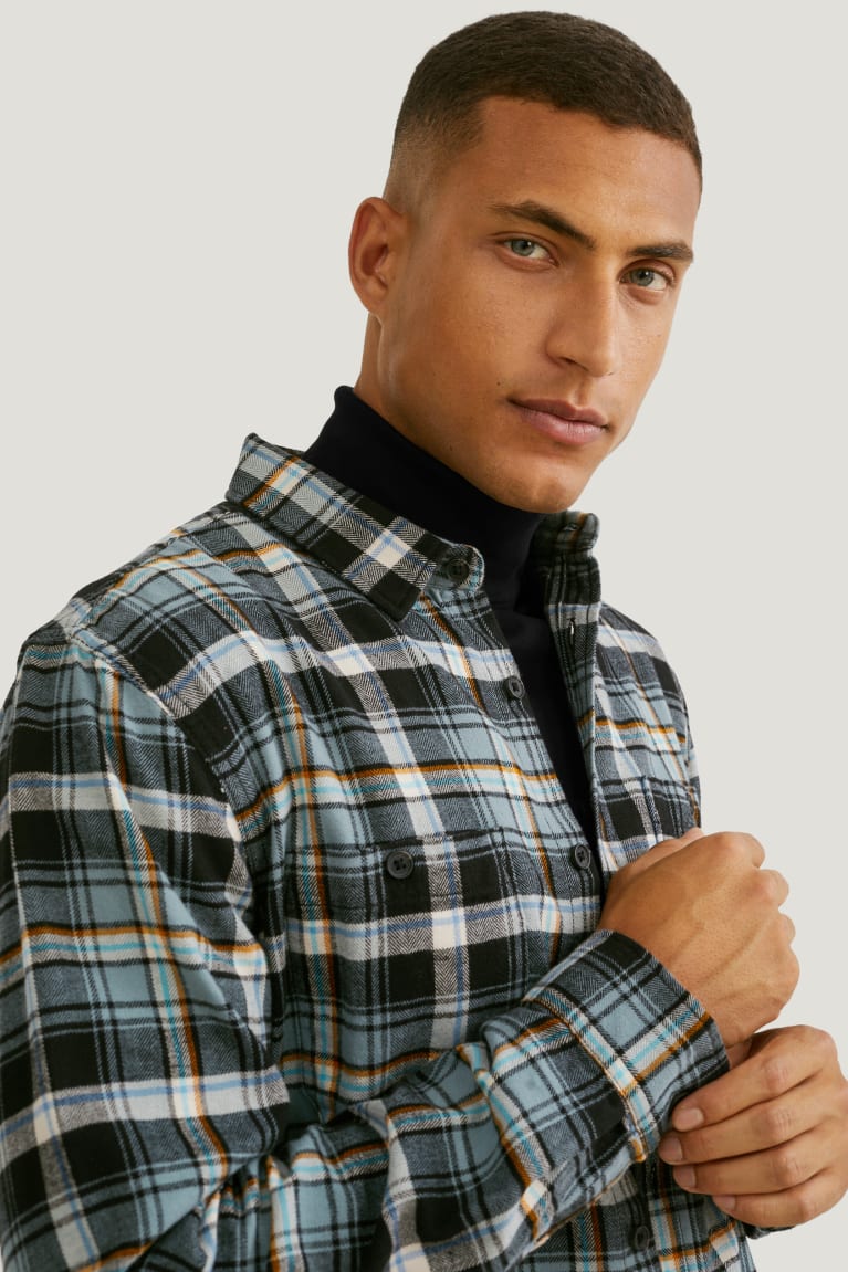 C&A Flannel Regular Fit Kent Collar Check Overhemd Donkergroen Grijs | WUI-496832