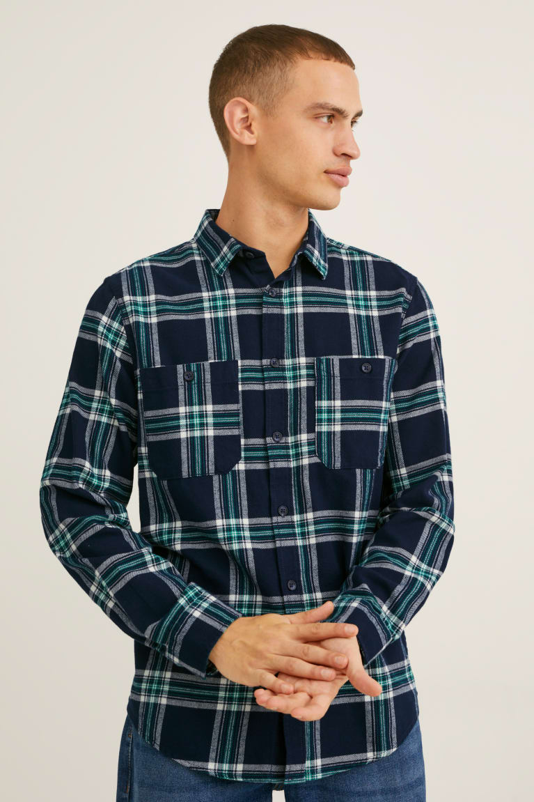 C&A Flannel Regular Fit Kent Collar Check Overhemd Donkerblauw Grijs | XPZ-316457