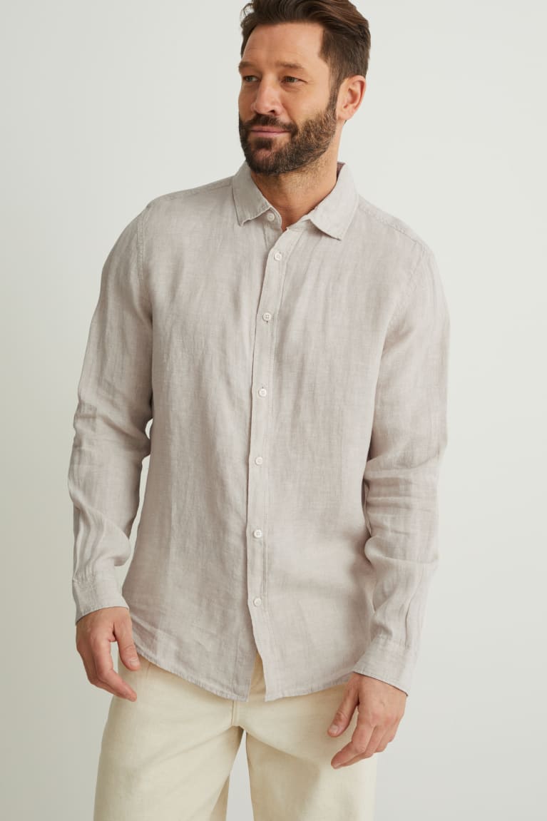 C&A Linen Regular Fit Kent Collar Linen Made From European Flax® Overhemd Beige | ZRM-347156