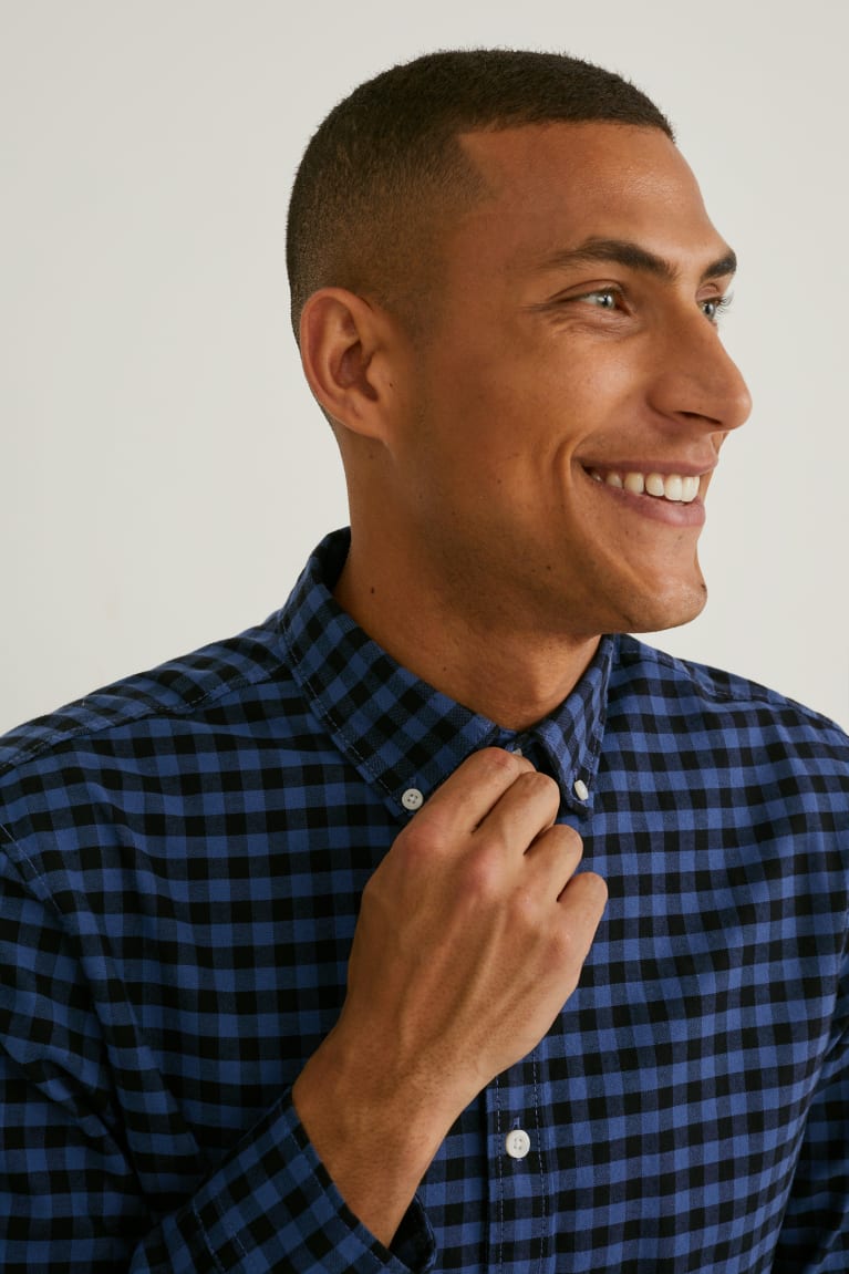 C&A Oxford Regular Fit Button-down Collar Check Overhemd Donkerblauw | UWT-937428