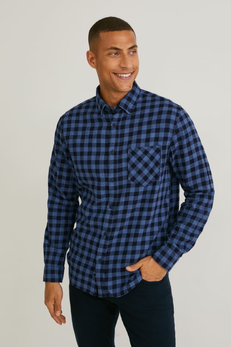 C&A Regular Fit Button-down Collar Check Overhemd Blauw | NWA-390812