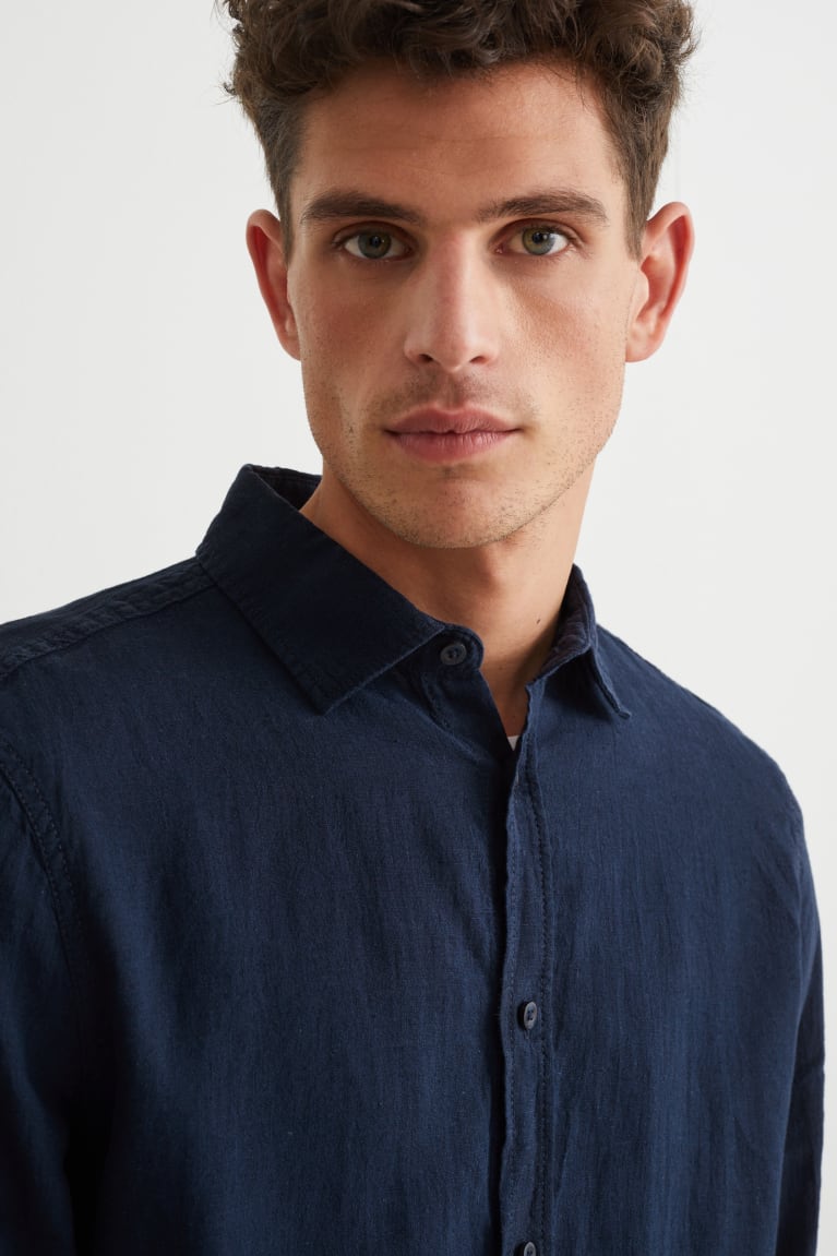 C&A Regular Fit Kent Collar With Linen Made From European Flax® Overhemd Donkerblauw | OVR-683527